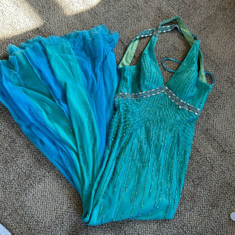 Cecily Brown Mermaid Maxi Dress Green Blue Sequin Gown Women's Size M